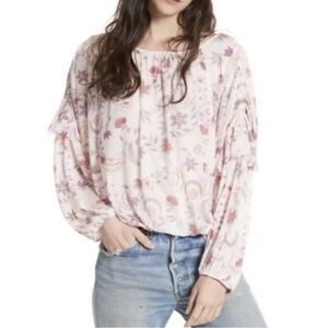 Free People Wildflower Honey Floral Top Sz XS  Ruffle Sleeve Bubble Hem Blouse